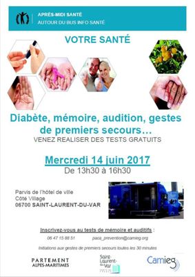 Affiche manifestation diabète, mémoire, audition, gestes de premiers secours