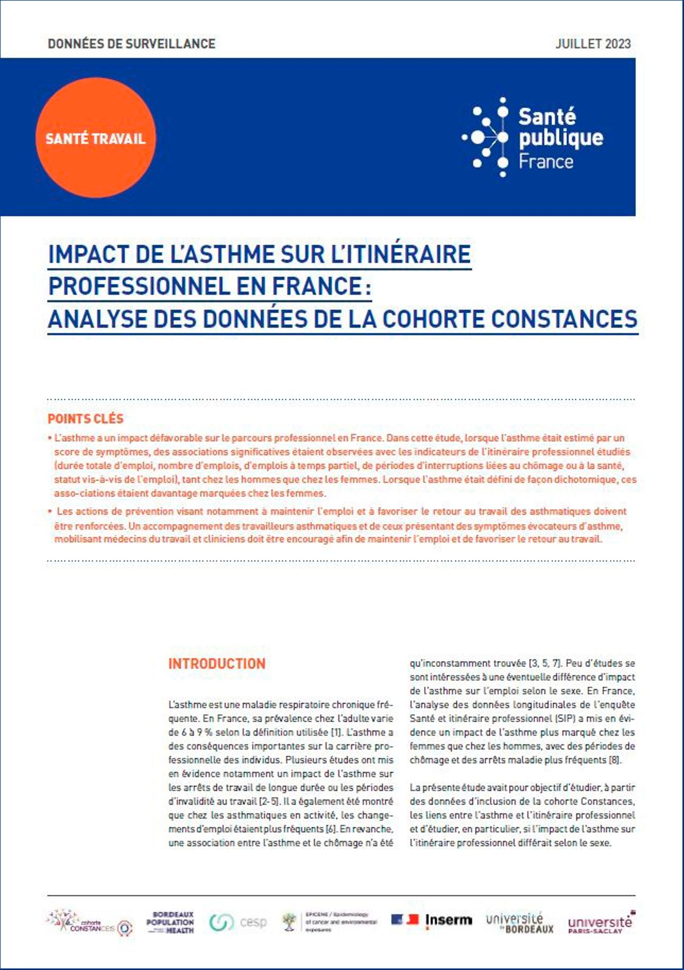 Impact de l'asthme sur l'itinéraire professionnel en France