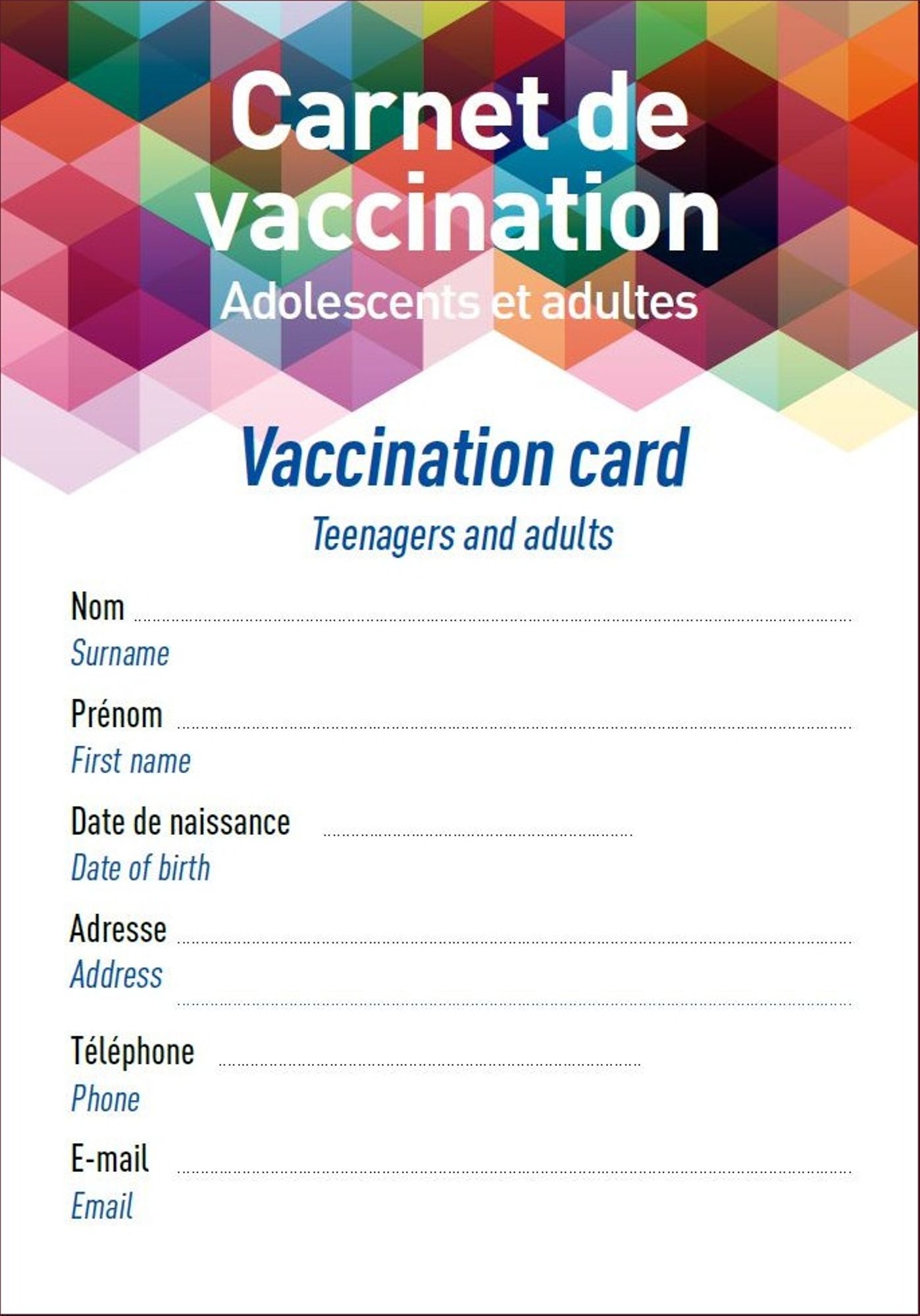 Carnet de vaccination. Adolescents et adultes