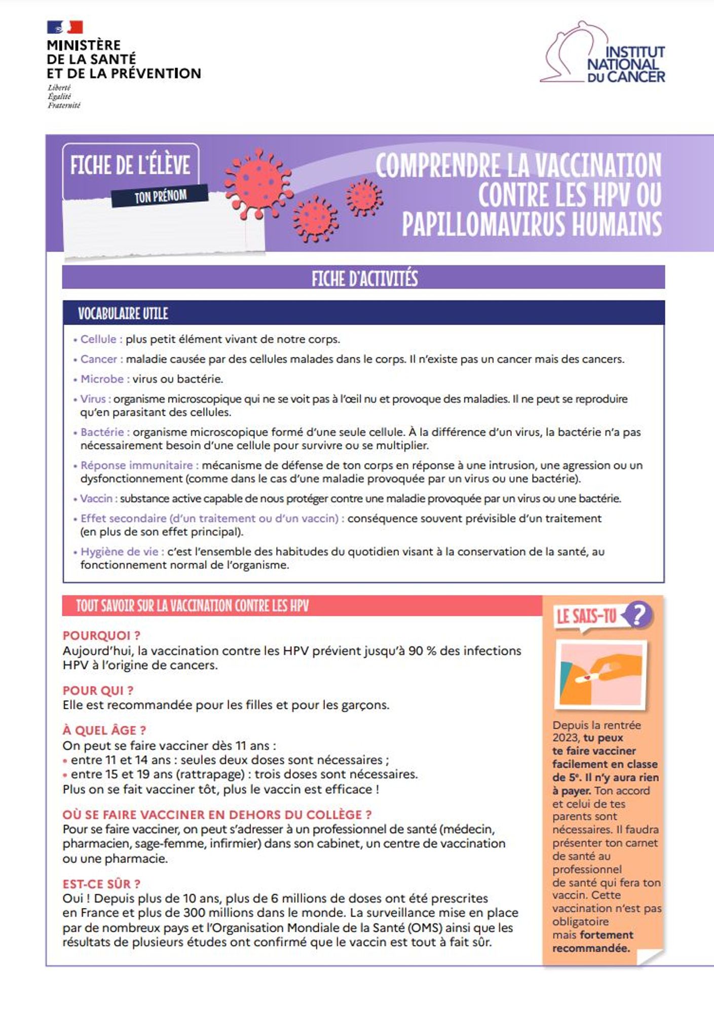 Comprendre la vaccination contre les HPV ou papillomavirus humains. Fiche de l'élève