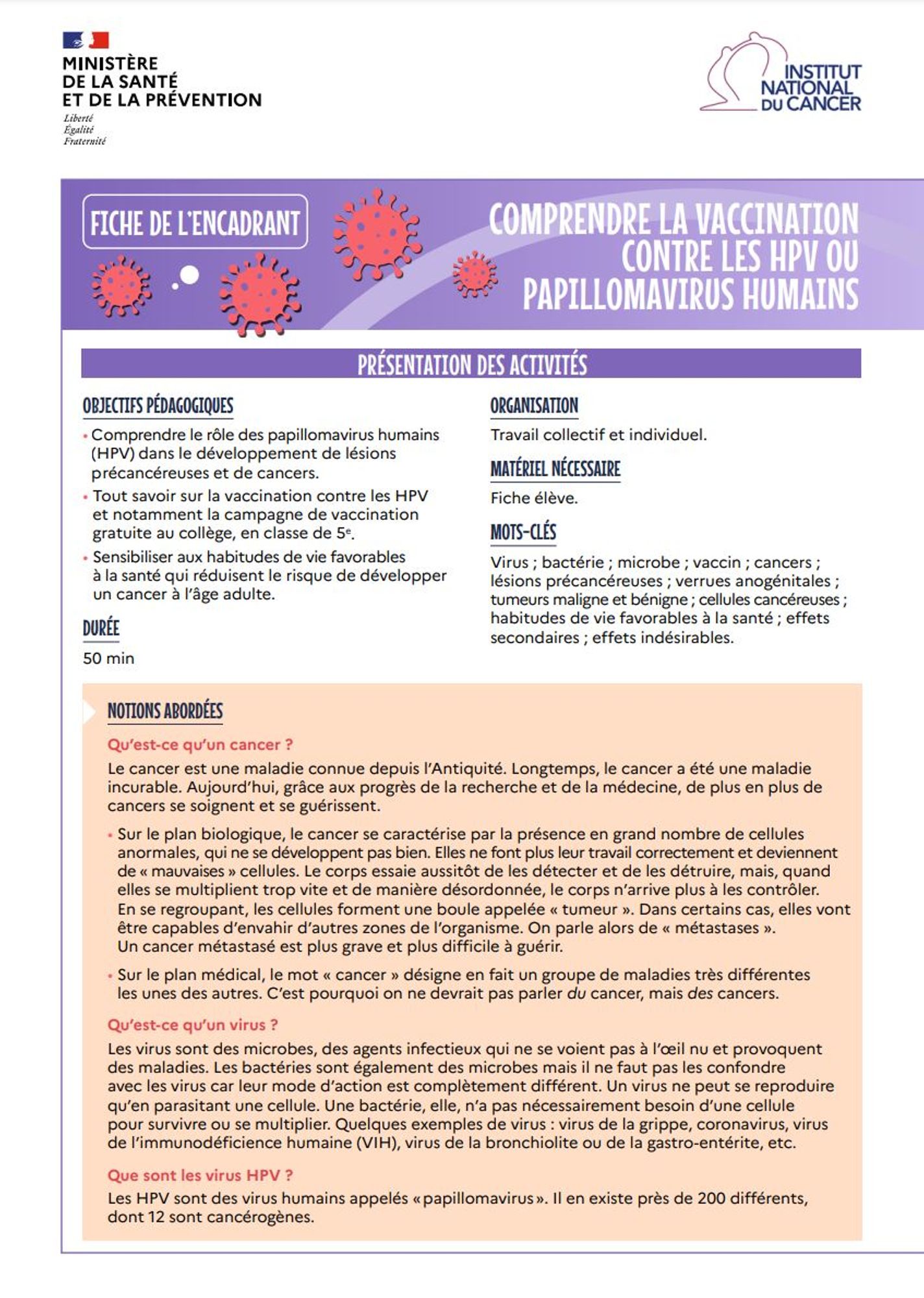 Comprendre la vaccination contre les HPV ou papillomavirus humains. Fiche de l'encadrant