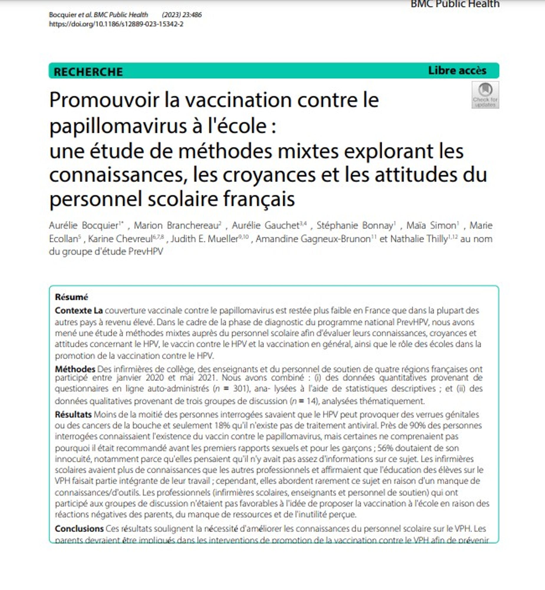 Promotion de la vaccination contre le HPV auprès de professionnels travaillant en milieu scolaire