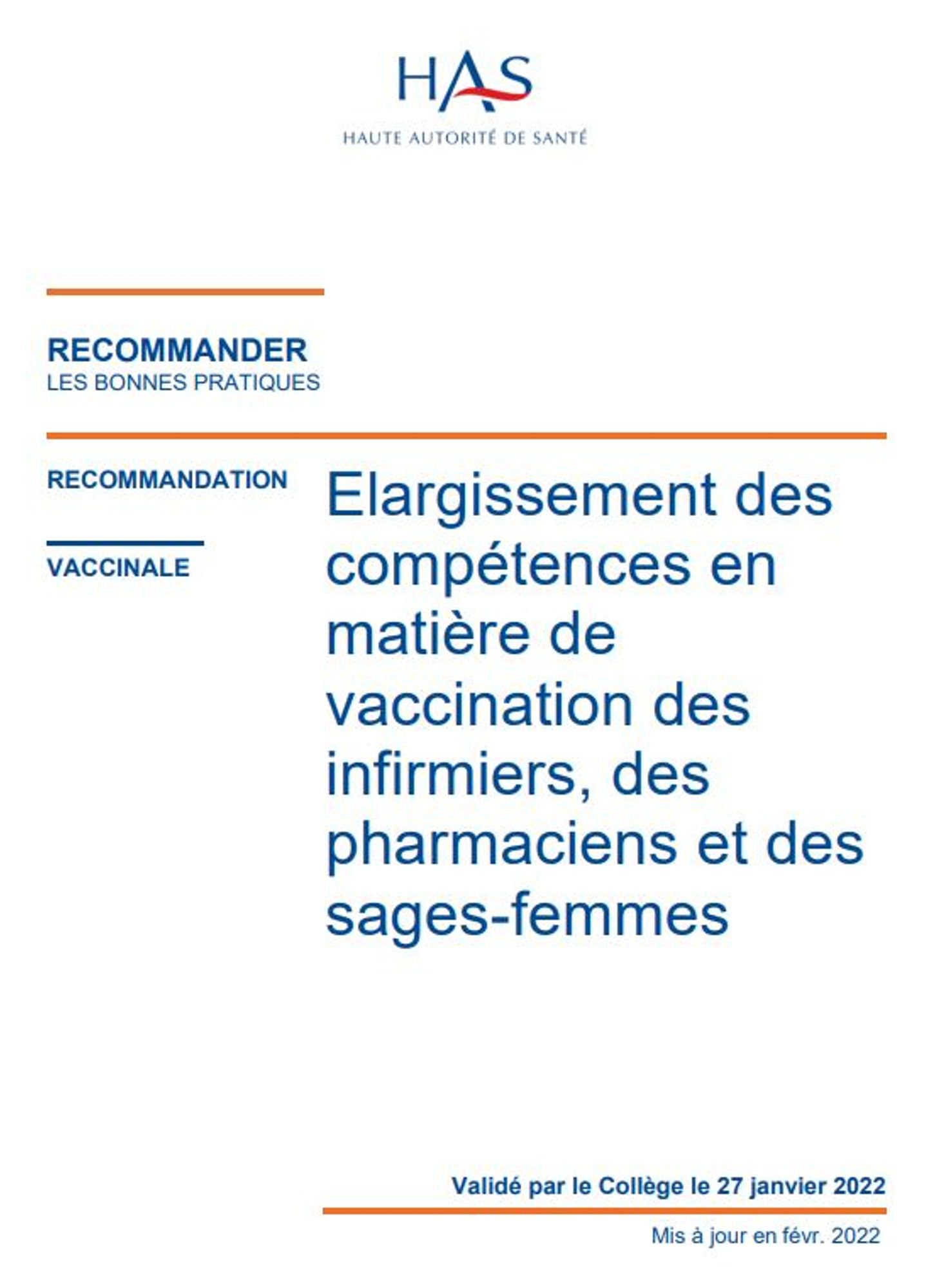 Élargissement des compétences en matière de vaccination des infirmiers, des pharmaciens et des sages-femmes