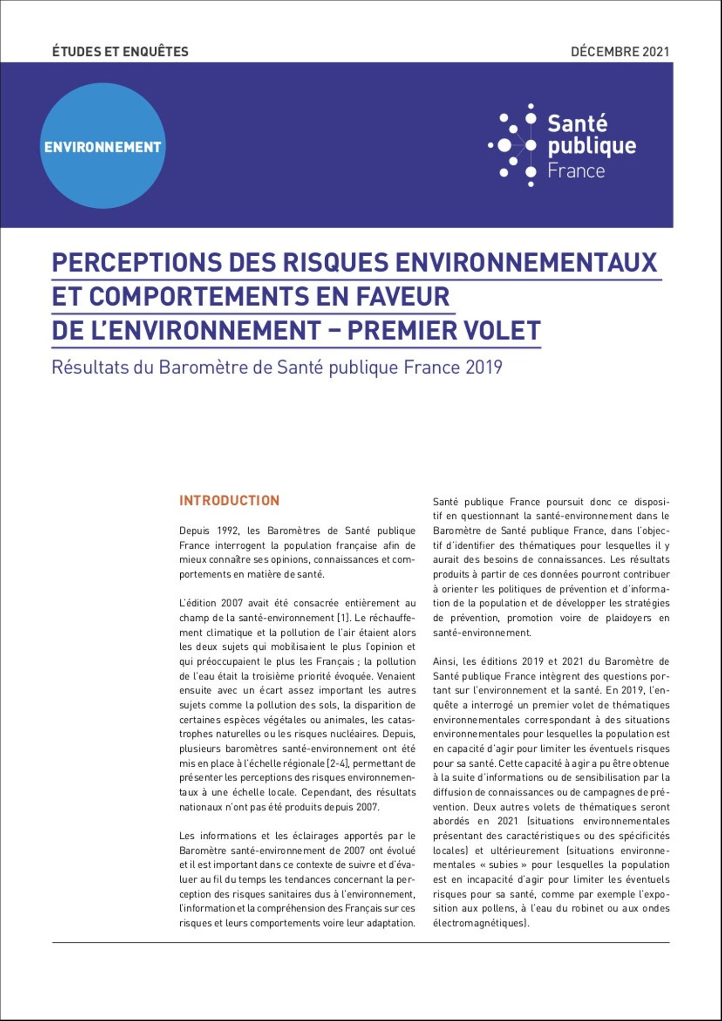 Perceptions des risques environnementaux et comportements en faveur de l'environnement 