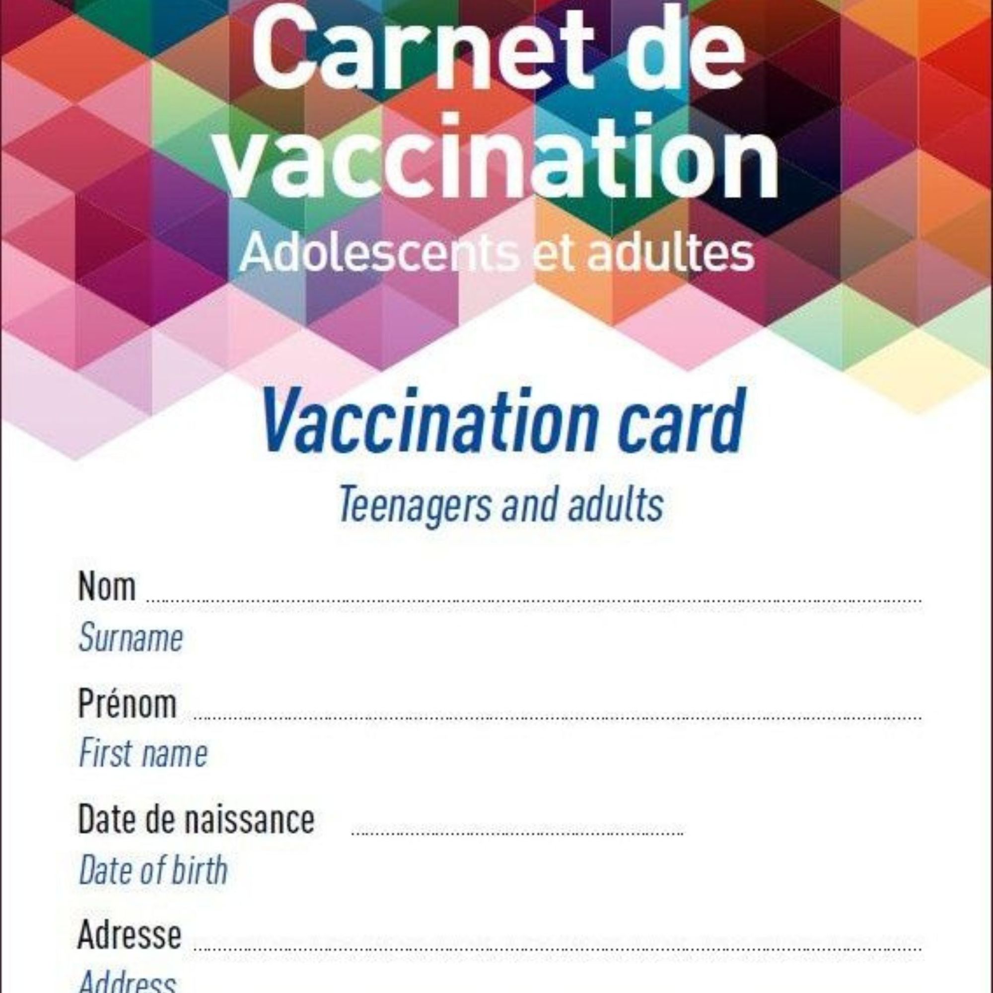 Carnet de vaccination. Adolescents et adultes