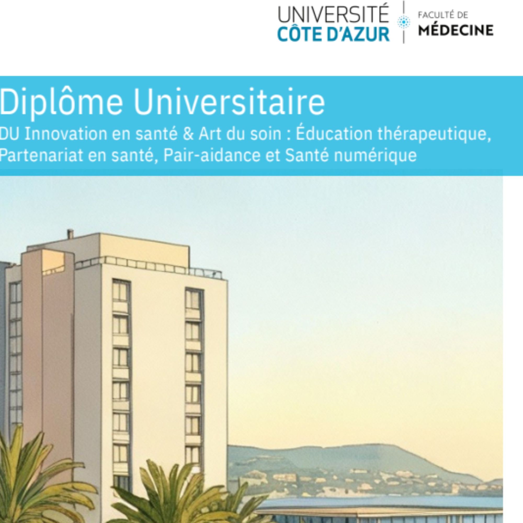 Diplôme Universitaire "Innovation en santé & Art du soin : Éducation thérapeutique, Partenariat en santé, Pair-aidance et Santé numérique" 